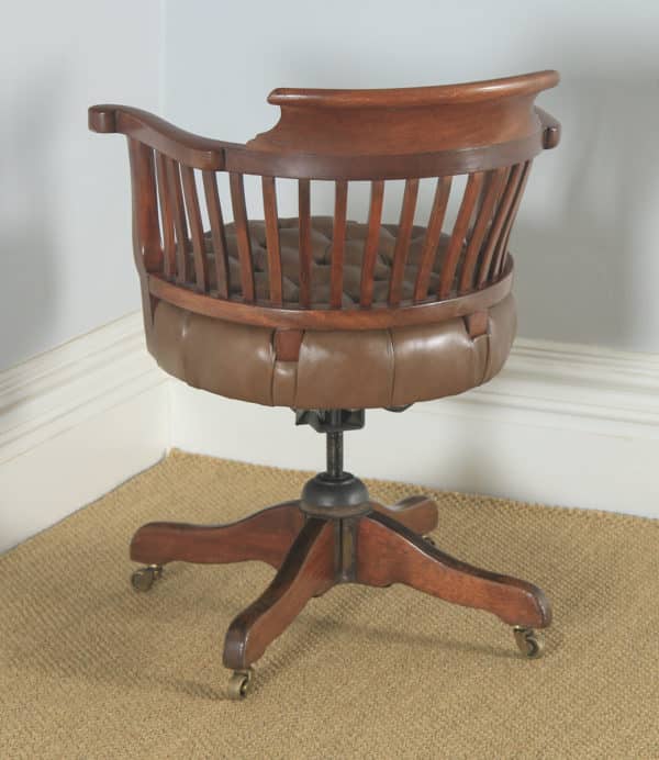 Antique English Victorian Mahogany & Tan Brown Leather Revolving Desk Arm Chair (Circa 1900) - yolagray.com