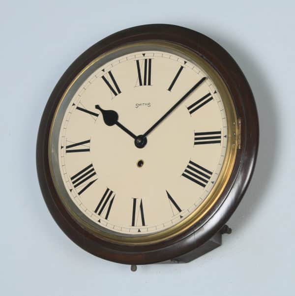 Antique 15" Mahogany Smiths Railway Station / School Round Dial Wall Clock (Time Piece / Timepiece) - yolagray.com