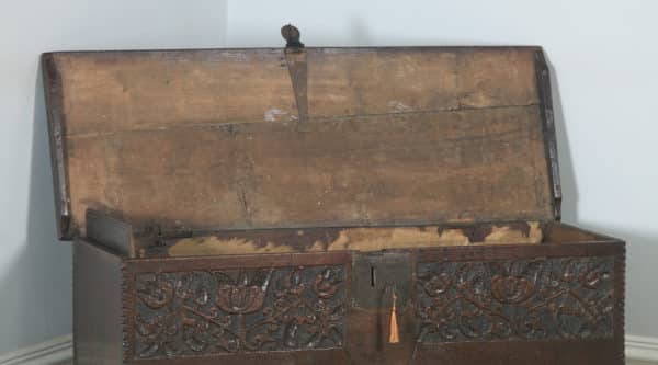 Antique English Charles I Oak Carved Six Plank Boarded Coffer Chest Blanket Box (Circa 1650) - yolagray.com