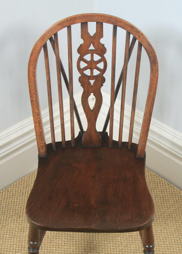 Antique English Set of 8 Eight Ash, Beech & Elm Windsor Wheel, Stick & Hoop Back Kitchen Dining Chairs (Circa 1940 - 1950) - yolagray.com