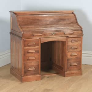 Antique English Edwardian 4ft” Solid Oak Roll Top Pedestal Office Desk (Circa 1910) - yolagray.com