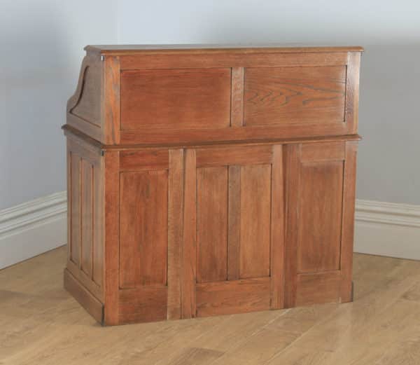 Antique English Edwardian 4ft” Solid Oak Roll Top Pedestal Office Desk (Circa 1910) - yolagray.com