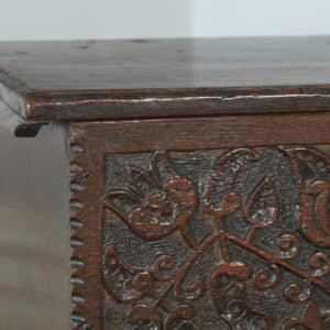 Antique English Charles I Oak Carved Six Plank Boarded Coffer Chest Blanket Box (Circa 1650) - yolagray.com