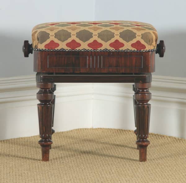 Antique English Victorian Rosewood Upholstered Rise & Fall Height Adjustable Stool (Circa 1850) - yolagray.com