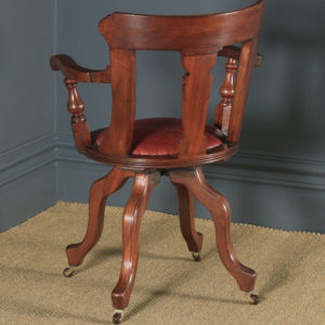 Antique English Victorian Walnut & Burgundy Red Leather Office Desk Arm Chair (Circa 1880) - yolagray.com