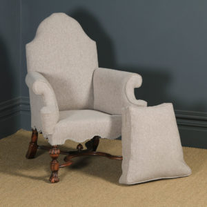 Antique English Pair of Queen Anne Style Grey Upholstered Beech Arm Chairs (Circa 1900) - yolagray.com