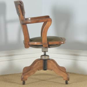 Antique English Edwardian Solid Beech & Green Leather Revolving Office Desk Arm Chair (Circa 1910) - yolagray.com