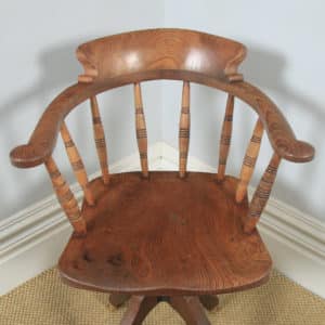 Antique English Victorian Solid Elm Revolving Office Desk Arm Chair by Glenisters of High Wycombe (Circa 1880) - yolagray.com