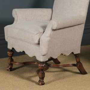 Antique English Pair of Queen Anne Style Grey Upholstered Beech Arm Chairs (Circa 1900) - yolagray.com