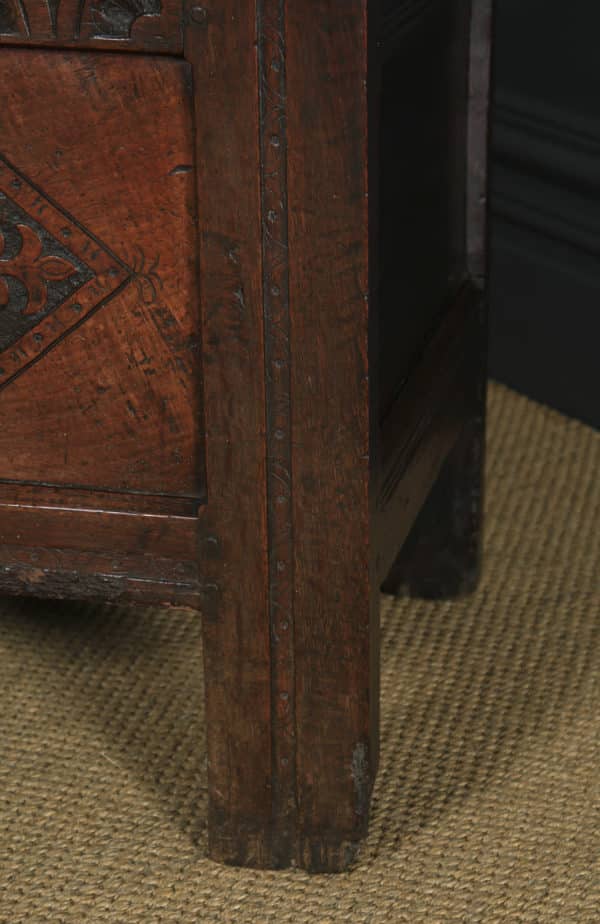 Antique English Georgian Oak Carved Twin Panel Coffer Chest Blanket Box Trunk (Circa 1730) - yolagray.com