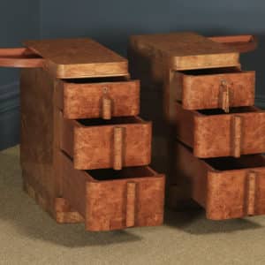 Antique English Pair of Art Deco Burr Maple & Walnut Bedside Chests / Tables / Cabinets (Circa 1930) - yolagray.com