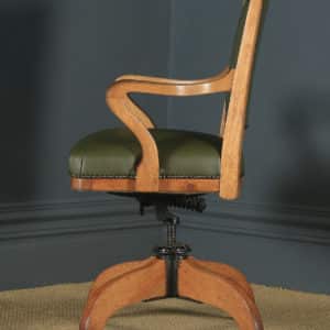 Antique English Edwardian Solid Oak & Sage Green Leather Revolving High Back Office Desk Arm Chair (Circa 1910) - yolagray.com