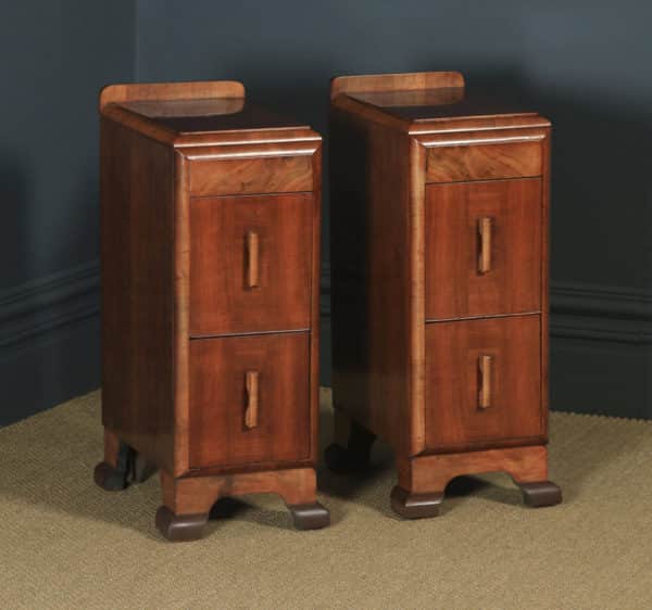 Antique English Pair of Art Deco Figured Walnut Bedside Chests / Cabinets (Circa 1930) - yolagray.com