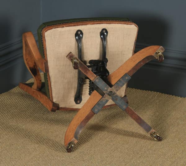 Antique English Edwardian Solid Oak & Sage Green Leather Revolving High Back Office Desk Arm Chair (Circa 1910) - yolagray.com