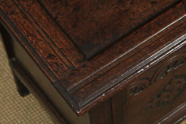 Antique English Georgian Oak Carved Twin Panel Coffer Chest Blanket Box Trunk (Circa 1730) - yolagray.com