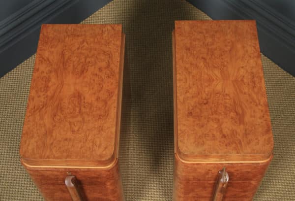 Antique English Pair of Art Deco Burr Maple & Walnut Bedside Chests / Tables / Cabinets (Circa 1930) - yolagray.com