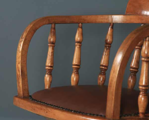 Antique English Edwardian Solid Ash & Brown Leather Revolving Office Desk Arm Chair (Circa 1910) - yolagray.com
