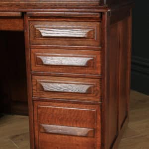 Antique English Edwardian 4ft 2” Solid Oak Roll Top Pedestal Office Desk (Circa 1910) - yolagray.com