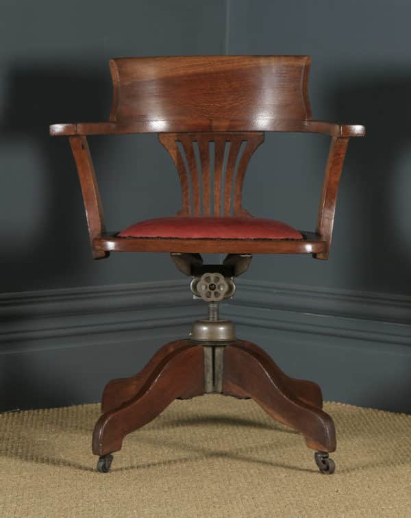 Antique English Edwardian Solid Oak & Red Leather Revolving Office Desk Arm Chair (Circa 1910 - 1920) - yolagray.com