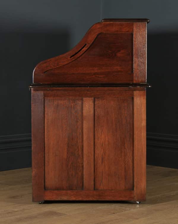 Antique English Edwardian 4ft 2” Solid Oak Roll Top Pedestal Office Desk (Circa 1910) - yolagray.com
