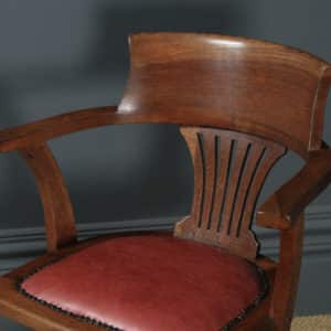 Antique English Edwardian Solid Oak & Red Leather Revolving Office Desk Arm Chair (Circa 1910 - 1920) - yolagray.com