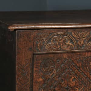 Antique English 17th Century Charles II Oak Carved Three Panel Coffer Chest Blanket Box Trunk (Circa 1680) - yolagray.com