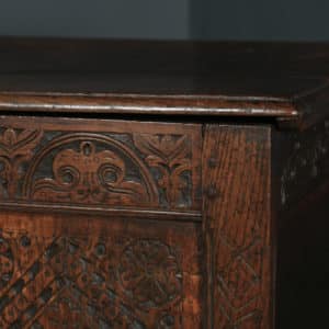 Antique English 17th Century Charles II Oak Carved Three Panel Coffer Chest Blanket Box Trunk (Circa 1680) - yolagray.com
