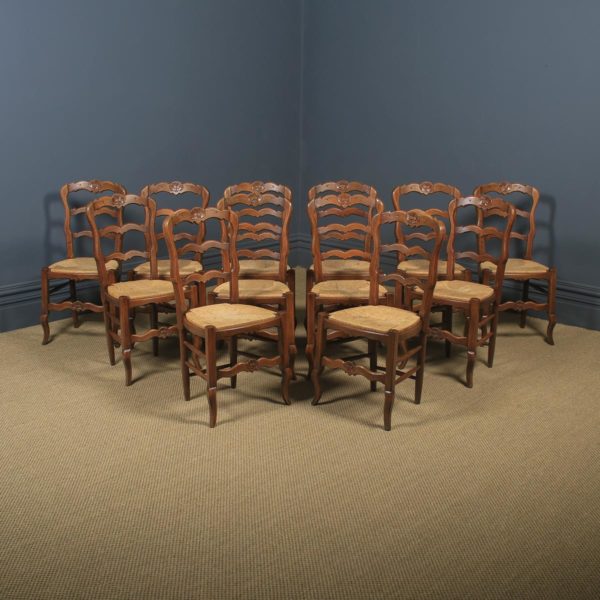 Antique French Set of 12 Twelve Louis XV Style Oak Ladder Back Kitchen Dining Chairs (Circa 1920) - yolagray.com