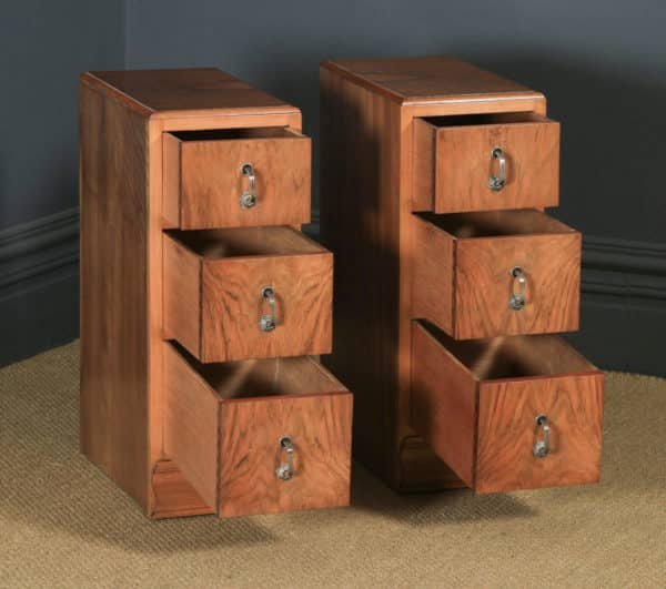 Antique English Pair of Art Deco Figured Walnut Bedside Chests / Cabinets (Circa 1930) - yolagray.com