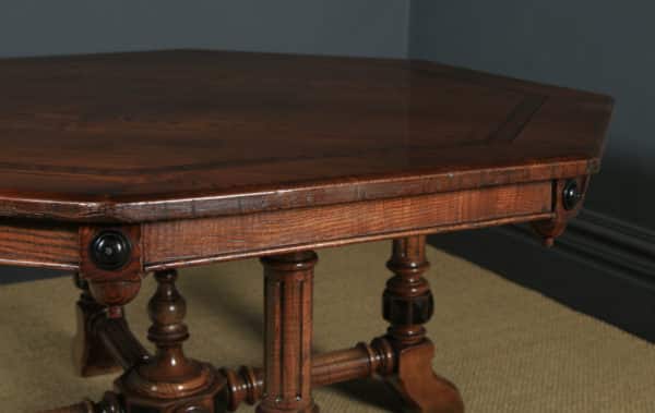 Antique English Victorian Aesthetic Ash Inlaid & Carved Octagonal Library / Dining Table (Circa 1880) - yolagray.com