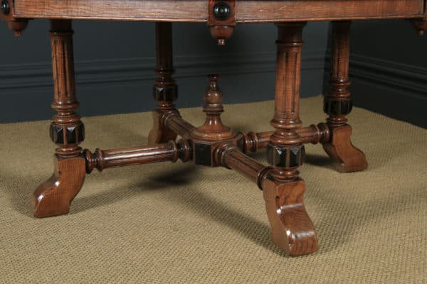 Antique English Victorian Aesthetic Ash Inlaid & Carved Octagonal Library / Dining Table (Circa 1880) - yolagray.com