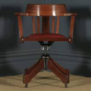 Antique English Edwardian Solid Mahogany & Red Leather Revolving Office Desk Arm Chair (Circa 1910 - 1920) - yolagray.com