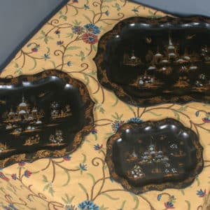 Antique English Set of 3 Three Victorian Ebonised Chinoiserie Papier Mâché Butlers Drinks Trays (Circa 1840) - yolagray.com