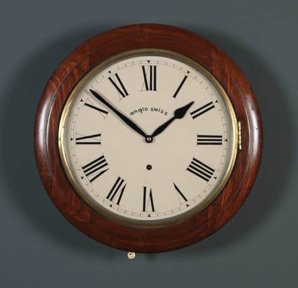 Antique 16" Mahogany Anglo Swiss Railway Station / School Round Dial Wall Clock (Timepiece) - yolagray.com