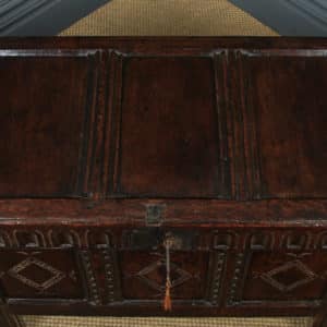 Antique English Charles II Oak Carved Triple Panel Coffer Chest Blanket Box (Circa 1670) - yolagray.com