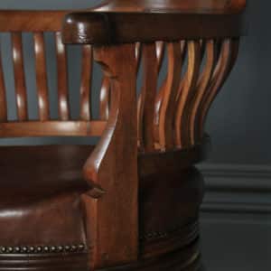 Antique English Victorian Mahogany & Brown Leather Revolving Office Desk Arm Chair (Circa 1880) - yolagray.com