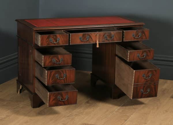 Vintage Georgian Style Flame Mahogany & Red Leather 4ft Office Desk (Circa 1980) - yolagray.com
