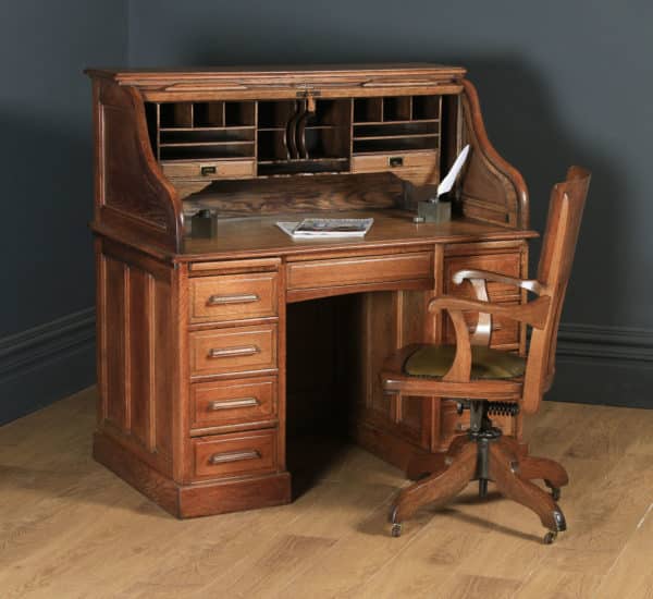 Antique English Edwardian 4ft Solid Oak Roll Top Pedestal Office Desk (Circa 1910) - yolagray.com
