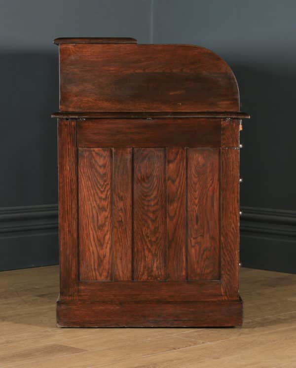 Antique English Edwardian 4ft Solid Oak D Shape Roll Top Pedestal Office Desk (Circa 1910) - yolagray.com