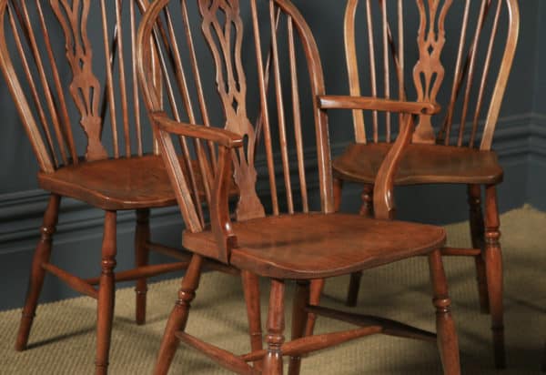 Antique Set of Six Ash & Elm Windsor Wheel & Fiddle Back Kitchen Chairs (Circa 1840) - yolagray.com