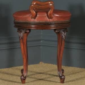 Antique English Victorian Walnut & Brown Leather Revolving Music / Dressing Table Stool (Circa 1880) - yolagray.com