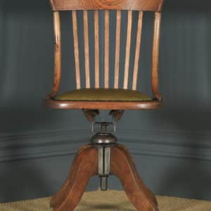 Antique English Edwardian Solid Oak & Green Leather Revolving Office Desk Chair (Circa 1910) - yolagray.com