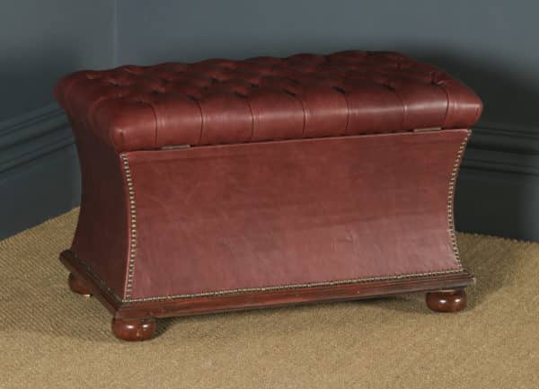 Antique English Victorian Mahogany & Burgundy Red Leather Upholstered Concave Ottoman Box (Circa 1870) - yolagray.com