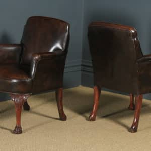 Vintage Pair of English Georgian Style Brown Leather Upholstered Armchairs (Circa 1950) - yolagray.com