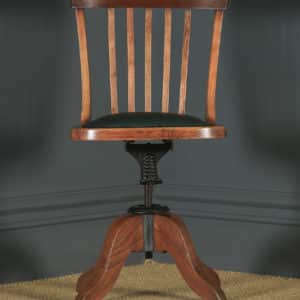 Antique English Edwardian Solid Beech & Green Leather Revolving Office Desk Chair (Circa 1910) - yolagray.com
