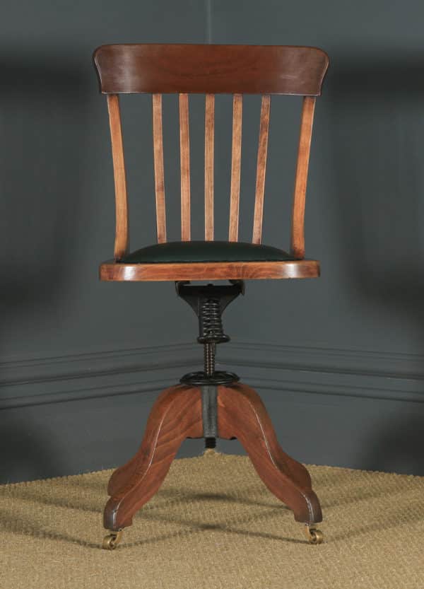 Antique English Edwardian Solid Beech & Green Leather Revolving Office Desk Chair (Circa 1910) - yolagray.com
