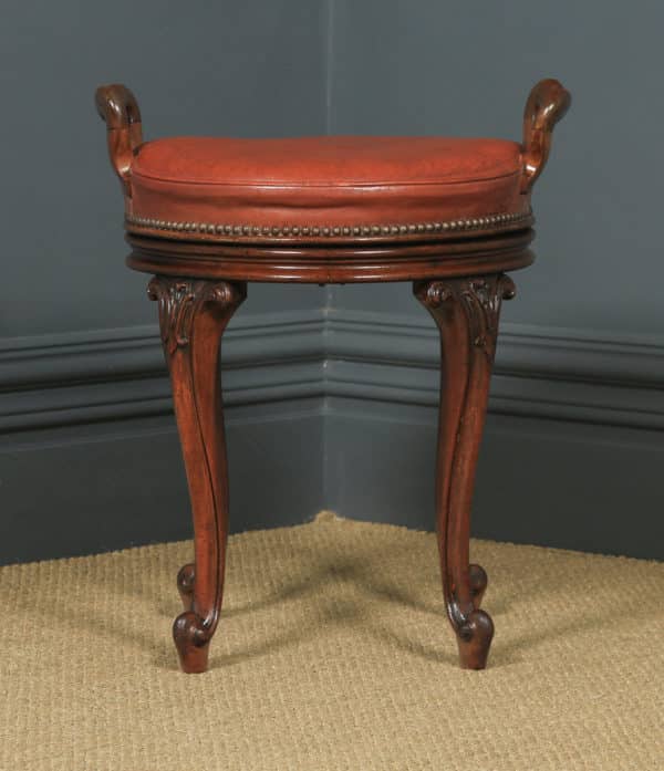 Antique English Victorian Walnut & Brown Leather Revolving Music / Dressing Table Stool (Circa 1880) - yolagray.com