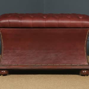 Antique English Victorian Mahogany & Burgundy Red Leather Upholstered Concave Ottoman Box (Circa 1870) - yolagray.com