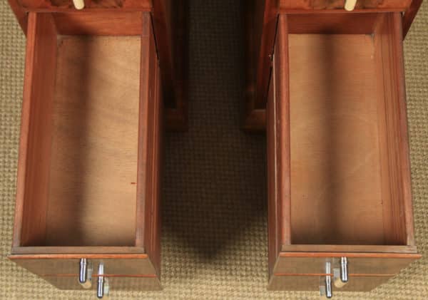 Antique English Pair of Art Deco Figured Walnut Bedside Chests / Cabinets / Nightstands (Circa 1930) - yolagray.com