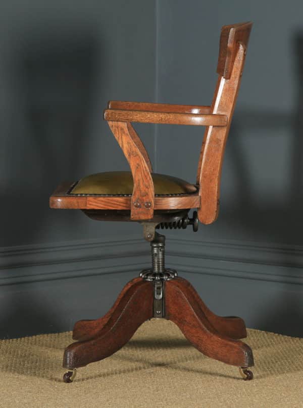 Antique American Edwardian Oak & Green Leather Revolving Office Desk Arm Chair by Heywood Brothers & Wakefield Co., (Circa 1910) - yolagray.com